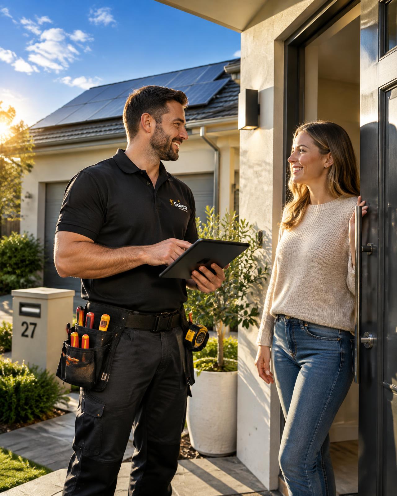 Tradesman with a tablet talking to a homeowner at the front door of a home with solar panels